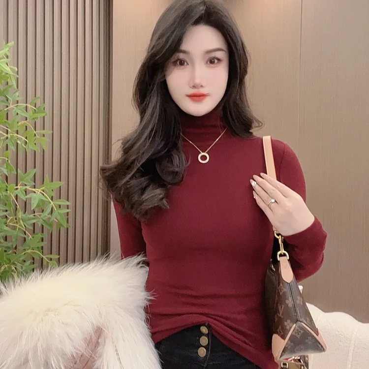 【加磨毛双面绒】高领堆堆领打底衫女内搭修身显瘦长袖t恤秋冬上衣