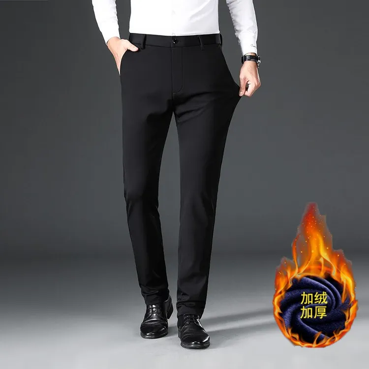 YBUY冬季高腰潮流厚款直筒秋冬保暖弹力男裤加绒长裤百搭外穿西裤