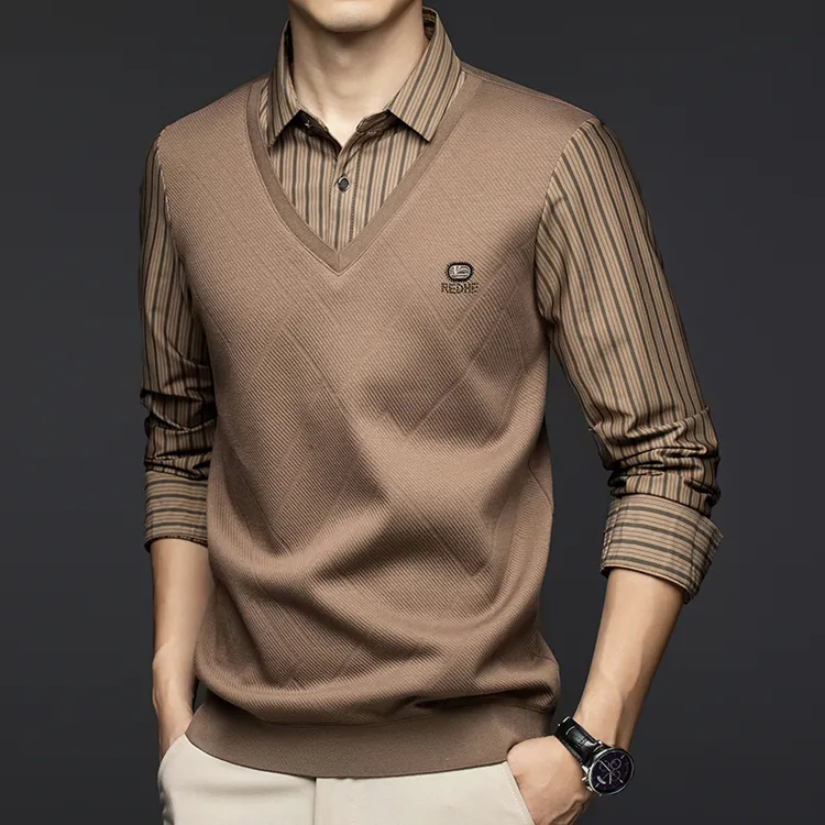 YBUY男士长袖针织时尚春秋季条纹商务春季潮流翻领衬衫领君正男装