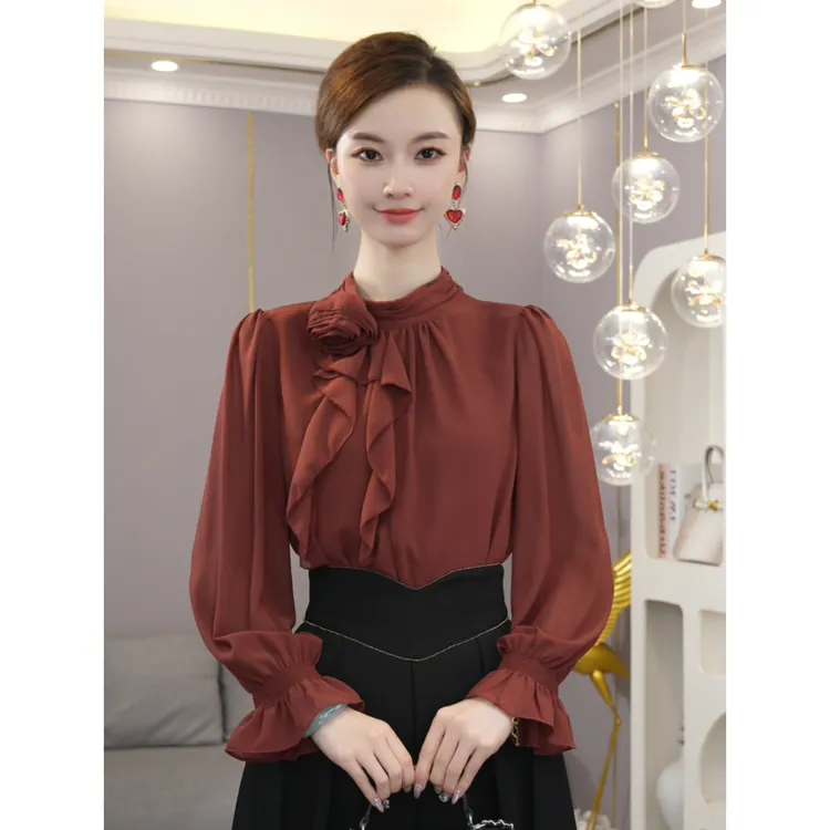 唐熹2026年秋冬新款【5927】轻奢气质时尚酒红色长袖衬衫上衣女