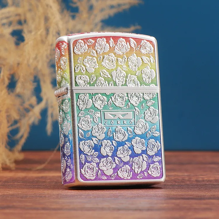 ZORRO佐罗镀银990朵玫瑰 彩虹玫瑰煤油防风打火机二代升级版火机
