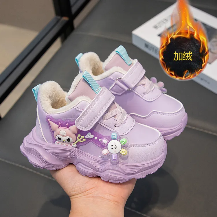 正品库洛米女童加绒棉鞋秋冬新款防水皮面女宝宝软底运动鞋公主鞋