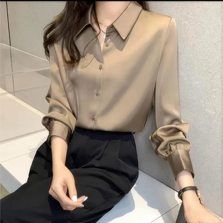 春秋新款缎面轻熟衬衫长袖显瘦爆款百搭品质上衣女气质衬衫