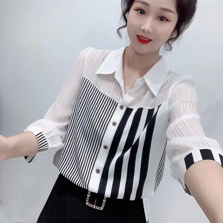 春季新款时尚洋气拼接条纹减龄衬衣气质百搭显瘦七分袖女士衬衫