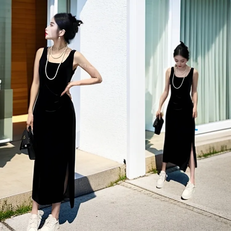 秋季新款渐变丁达尔风高级感高端精致内搭黑色丝绒吊带连衣裙长裙