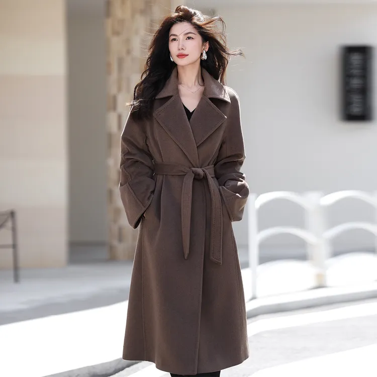 温莎公主带里衬纯山羊绒大衣女中长款宽松加厚紫绒100%羊绒外套