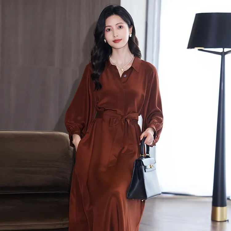 35姆米重磅真丝桑蚕丝连衣裙女气质时尚百搭简约纯色宽松桑蚕丝裙