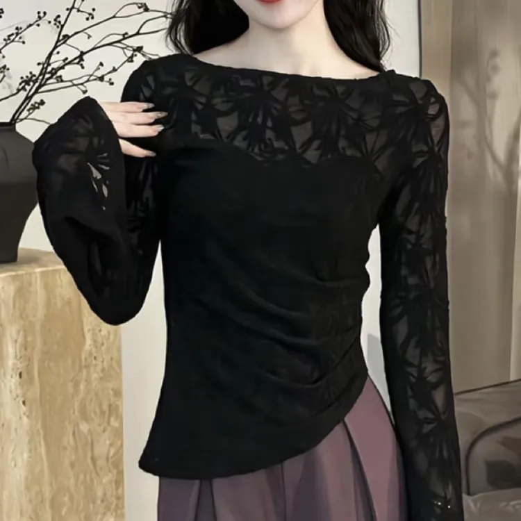 2025新款提花不规则洋气长袖T恤女秋季小众显瘦蕾丝打底衫上衣潮