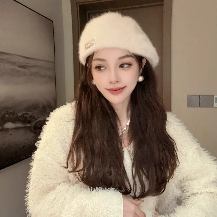 德芬妲秋冬毛毛大标贝雷帽帽子针织冬季保暖百搭韩版毛绒加厚网红