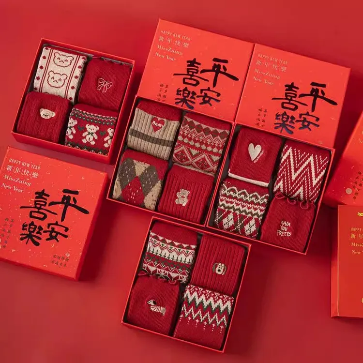羊毛袜女中筒冬季保暖新年红袜子礼盒本命年蛇年羊绒秋冬女士长袜