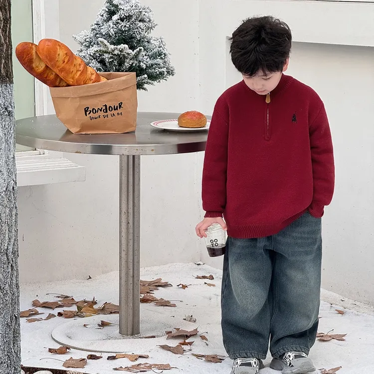 男童一体绒保暖毛衣加绒加厚韩版潮流针织衫冬季爆款拉链款打底衫