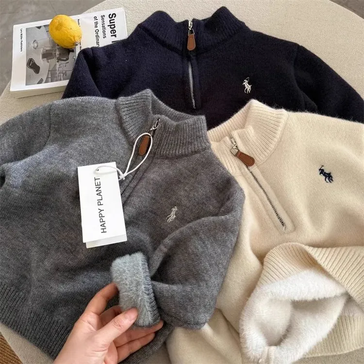 男童毛衣加绒加厚中大童针织衫半拉链套头儿童打底一体绒韩版上衣