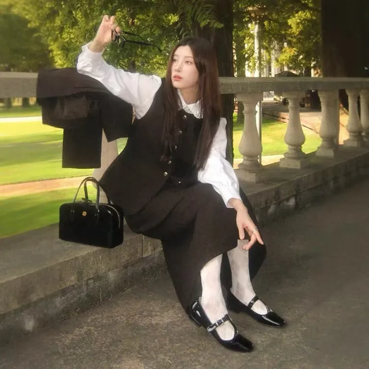 时尚百搭韩版重工气质ins秋季秋冬宽松西装马甲半裙衬衫四件套装