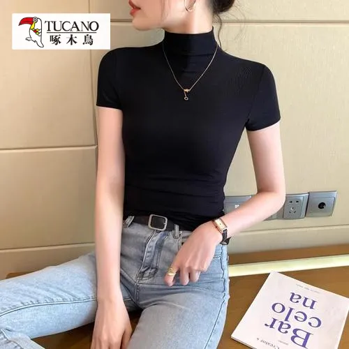 啄木鸟JS夏新款气质半高领短袖女款高级感打底衫显瘦紧身纯色上衣