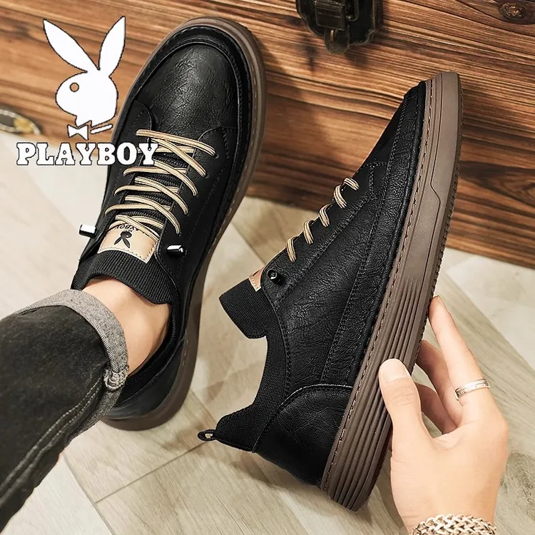 花花公子男鞋2025新款夏季百搭耐磨运动板鞋男一脚蹬黑色休闲皮鞋