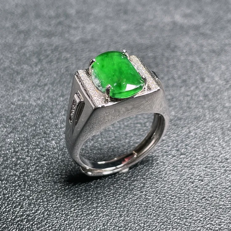 冰黄阳绿翡翠马鞍戒面戒指天然A货精品高冰满绿飘花简约925银镶戒