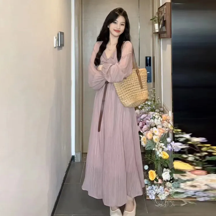 4419法式温柔风气质长袖连衣裙子女夏季2024新款高级感超好看长裙