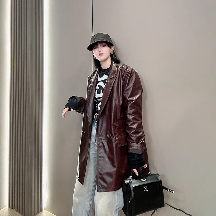 欧货新款绵羊皮中长款西装领长袖时尚简约西服御姐风真皮百搭外套