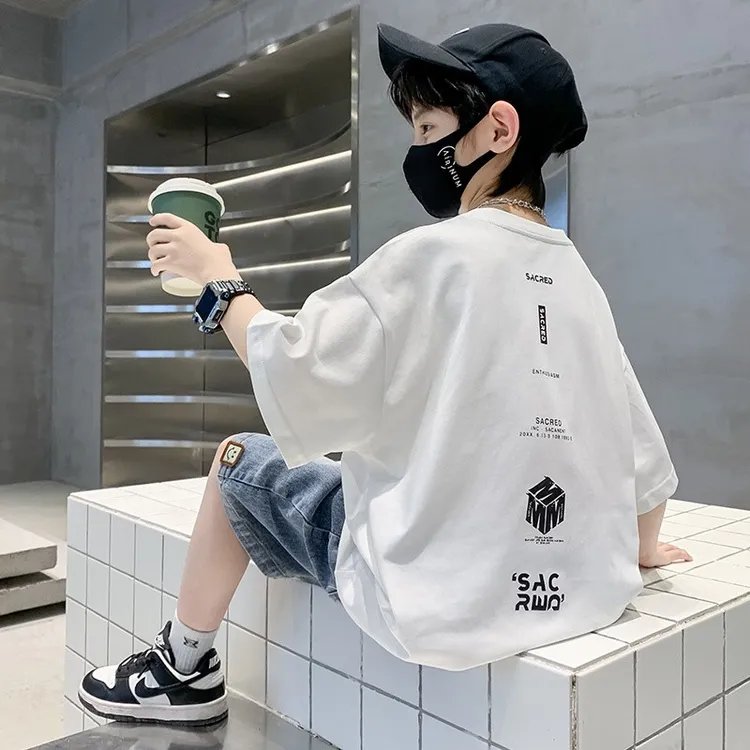 中大童男童炸街短袖t恤潮牌男孩纯棉白色夏季体恤韩版帅气休闲