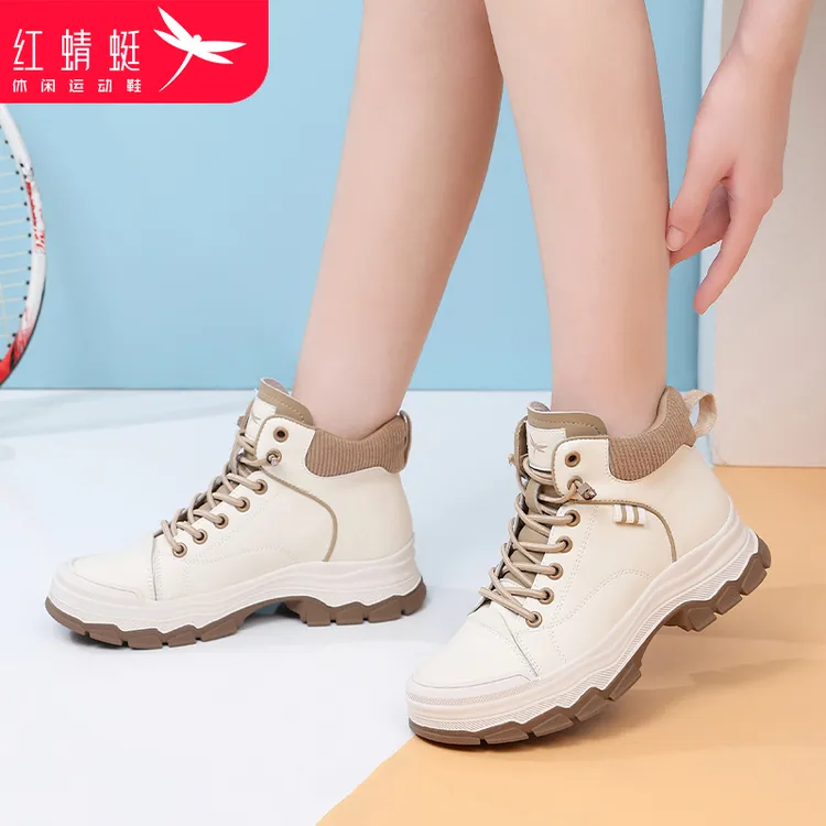 红蜻蜓冬季高帮鞋女鞋真皮工装靴厚底小白鞋百搭休闲高帮靴子