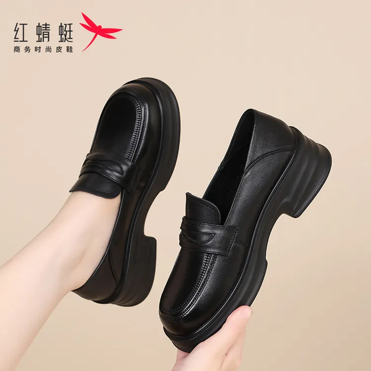 红蜻蜓女鞋春夏新款软底一脚蹬小皮鞋厚底增高乐福鞋女不累脚真皮