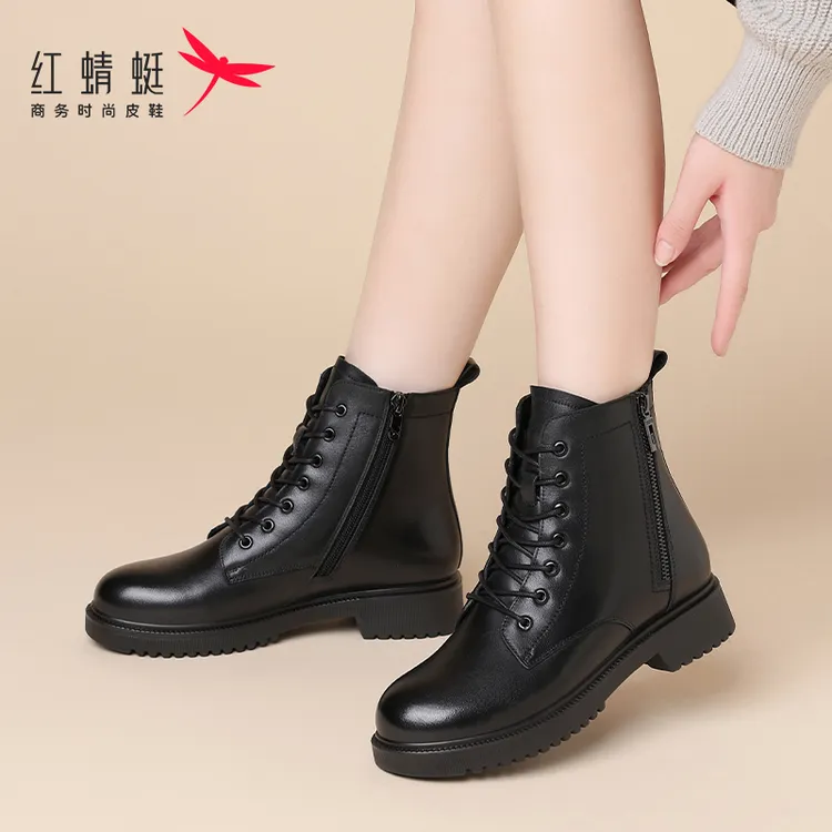 红蜻蜓女鞋秋季休闲马丁靴女真皮全牛皮女靴冬季保暖冬天靴子短靴
