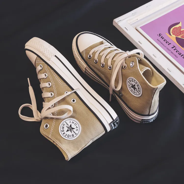 ins高腰经典款鞋女周年限定鞋高帮帆布鞋学生奶茶色百搭鞋子韩版
