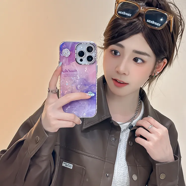 适用iPhone15promax手机壳贝壳纹晕染山茶花新款苹果14防摔保护套