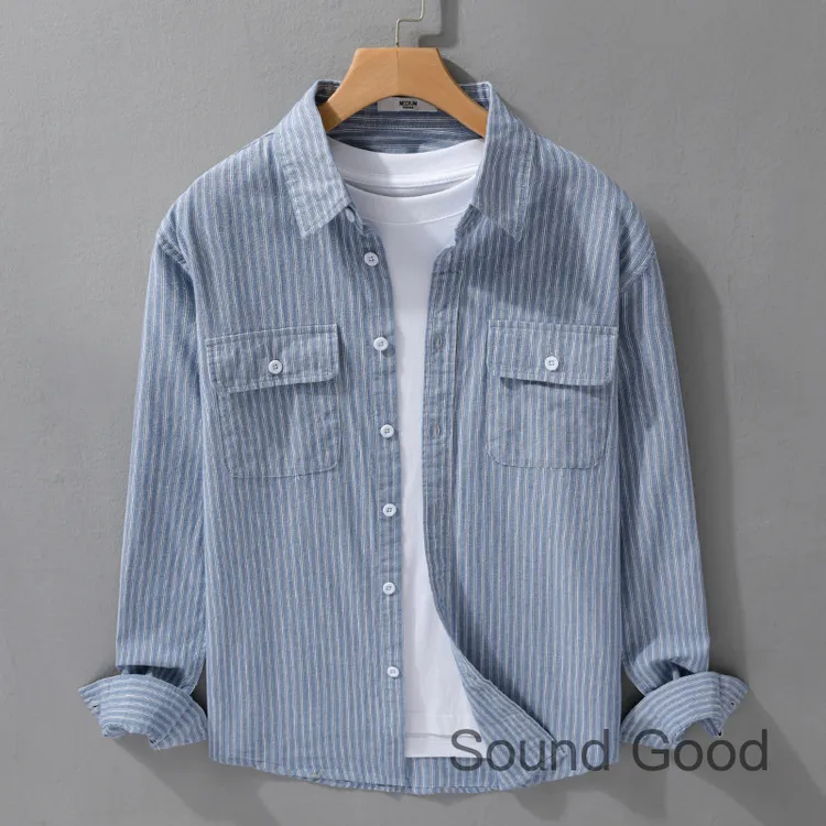 日系男装条纹简约工装长袖衬衫潮流休闲宽松青年百搭男衬衣