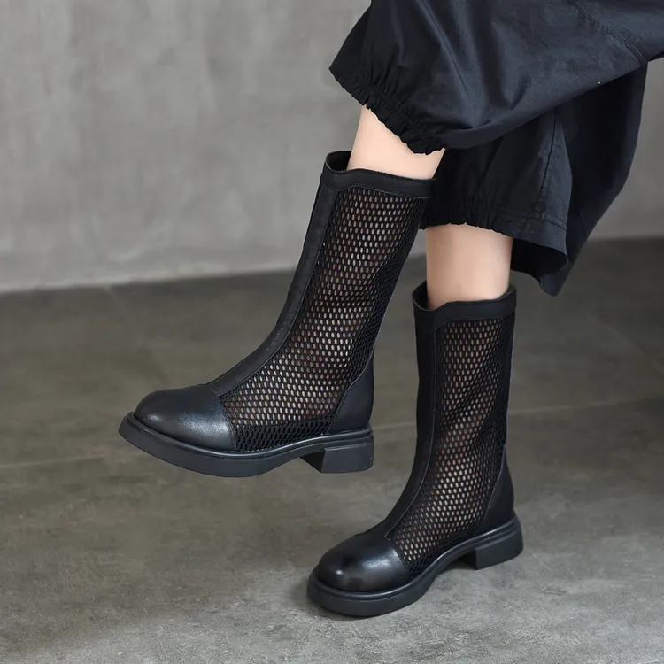 靴子女夏季薄款网靴2024新款中跟透气镂空长靴高筒凉靴后拉链