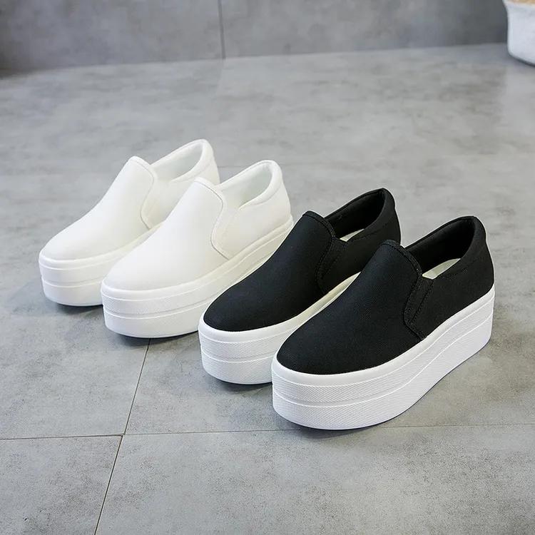厚底6厘米女鞋帆布透气圆头休闲鞋四季平跟松糕鞋女