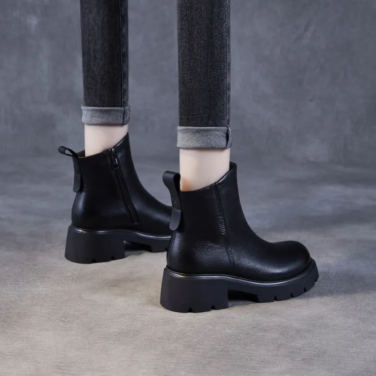 2024秋冬厚底中粗跟头层牛皮羊毛内里休闲短靴女东北加厚雪地棉鞋