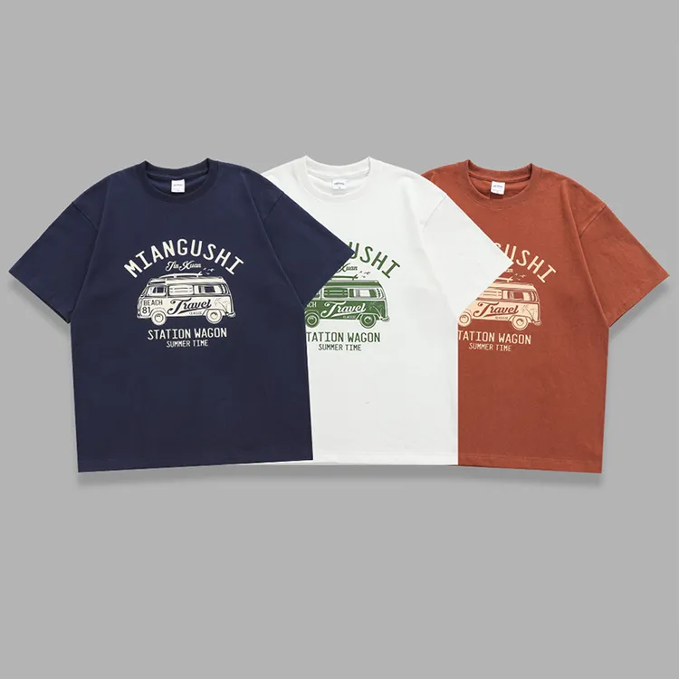 320克复古重磅纯棉粗犷原棉美式休闲短袖巴士印花百搭宽松国潮t恤