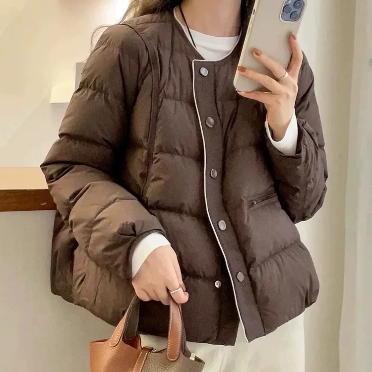 新款韩版轻薄羽绒服百搭修身显瘦时尚不规则排扣冬季新款面包服潮