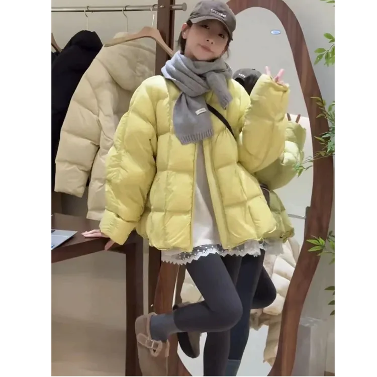 冬季泡芙感新款韩版洋气纯色高级感羽绒服圆领保暖时尚加厚外套潮