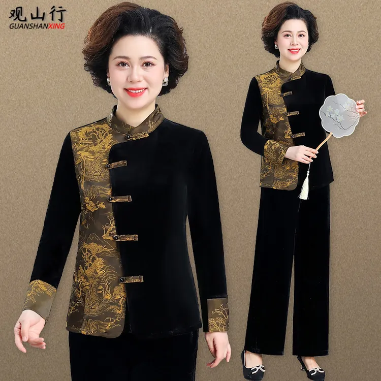 妈妈秋装洋气金丝绒套装女2025新款中老年春秋外套中式国风上衣服