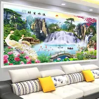 流水生财玉孔雀十字绣（满绣69色）送工具包+线板+夹子