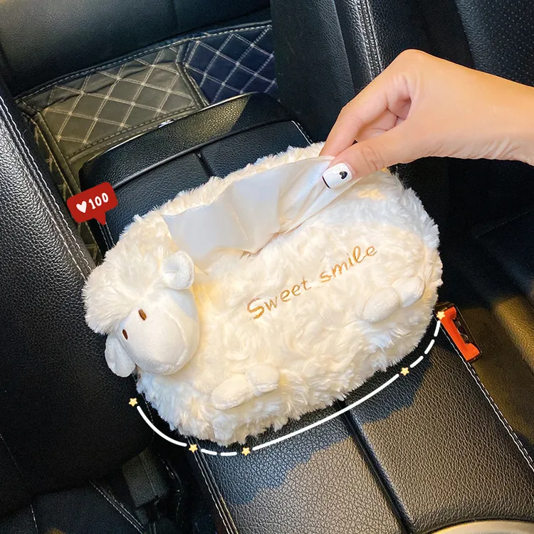 汽车车载纸巾盒可爱小绵羊扶手箱卡通毛绒女士座椅靠背纸巾抽纸盒