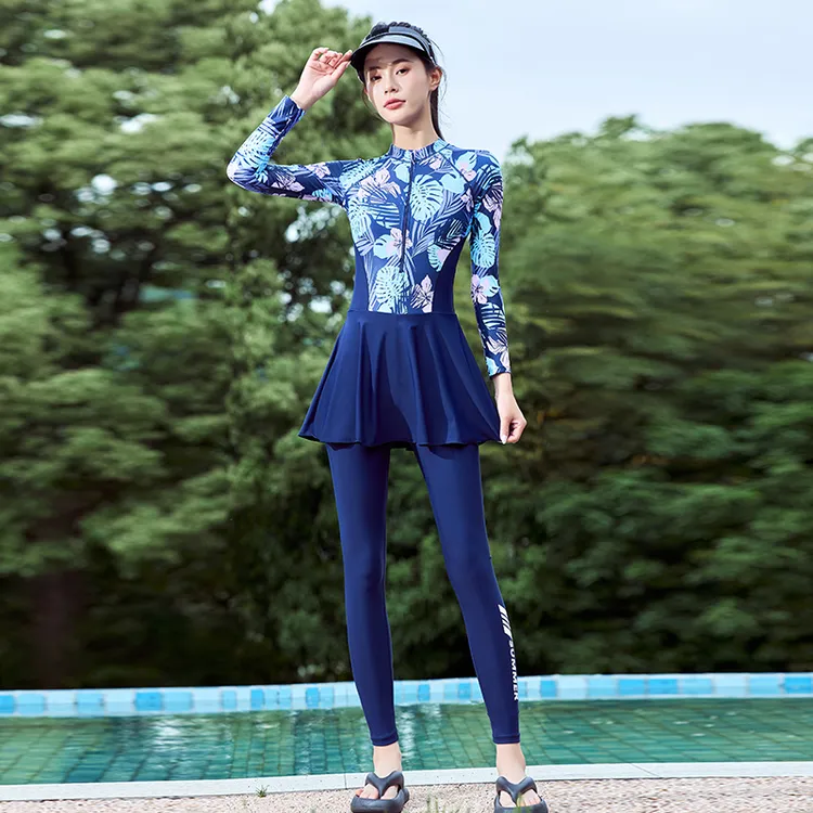 连体裙式一体泳衣女长袖长裤水母衣防晒高级感浮潜运动泳衣