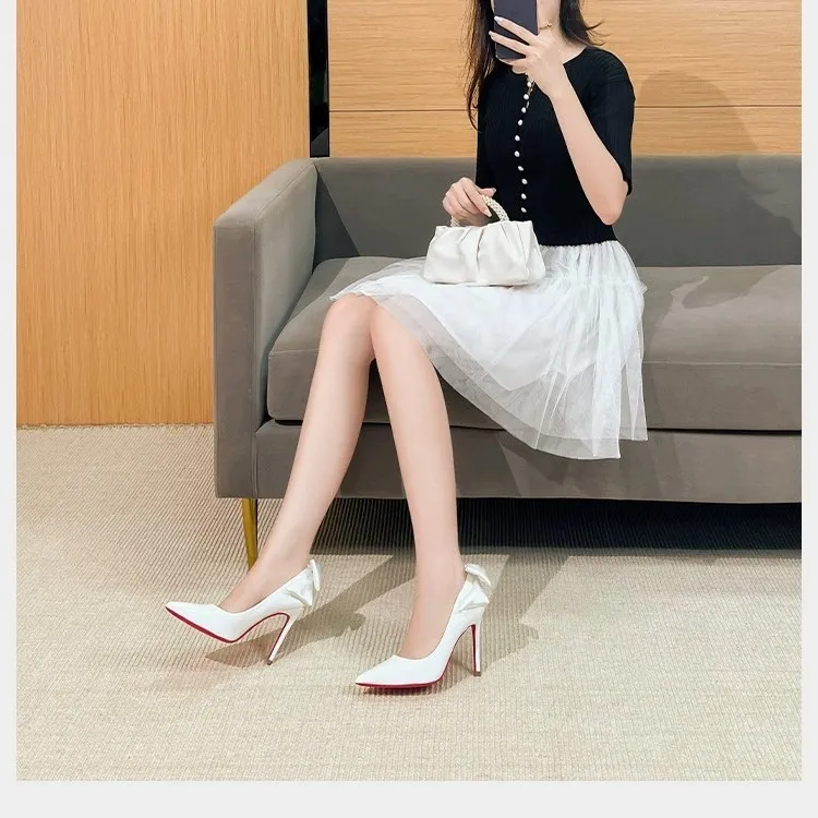 白色高跟鞋红底高级感职业气质女神范蝴蝶结不累脚细跟尖头单鞋女
