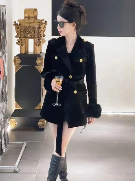 高级时尚丝绒毛冬季秋冬显瘦短款袖外套