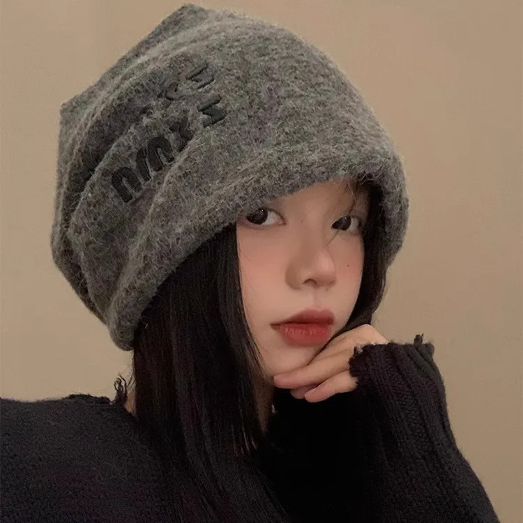 含羊毛堆堆帽女秋冬季日系百搭大头围保暖冷帽灰色显脸小包头帽子
