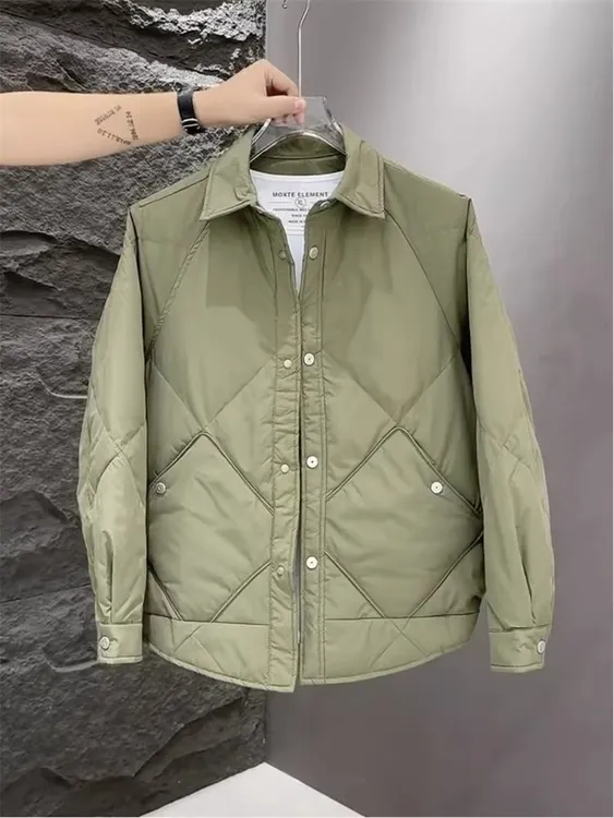 轻薄棉衣服男士秋冬季2024新款高端翻领夹克帅气菱形格休闲外套潮
