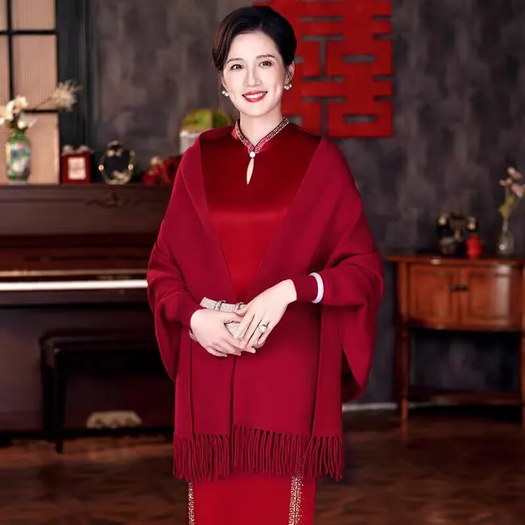 喜婆婆婚宴披肩红色高级感妈妈旗袍外搭专用斗篷开衫外套高贵洋气