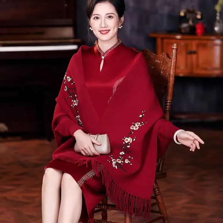 秋冬披肩婚礼妈妈配旗袍外搭秋冬喜婆婆羊绒带袖结婚礼服斗篷外套