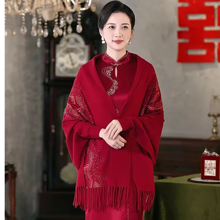 秋冬女羊绒披肩带袖子流苏外套婚礼喜妈妈高端配旗袍外搭斗篷加厚
