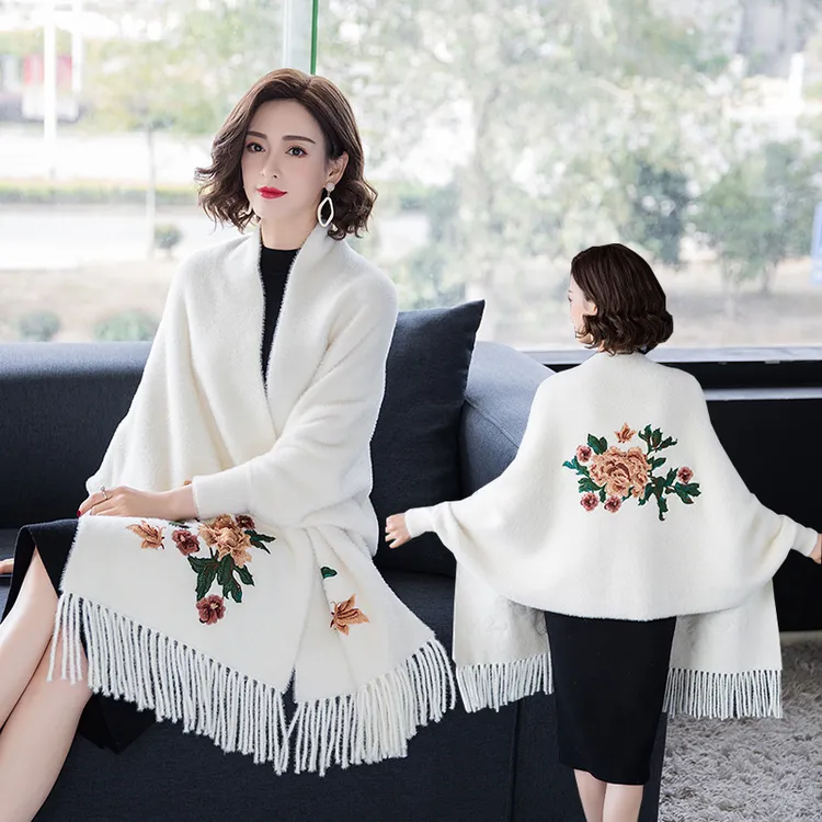 秋冬配旗袍高档斗篷针织加厚水貂绒披肩带袖流苏婚礼妈妈外套外搭