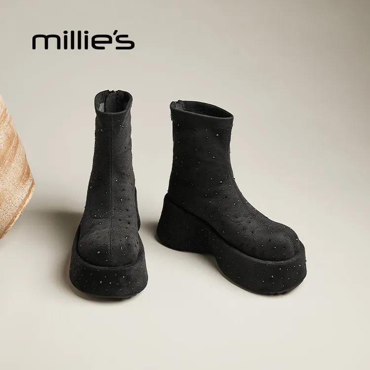 妙丽复古短靴马丁靴瘦瘦靴女冬季加绒加厚保暖大头机车靴弹力袜靴