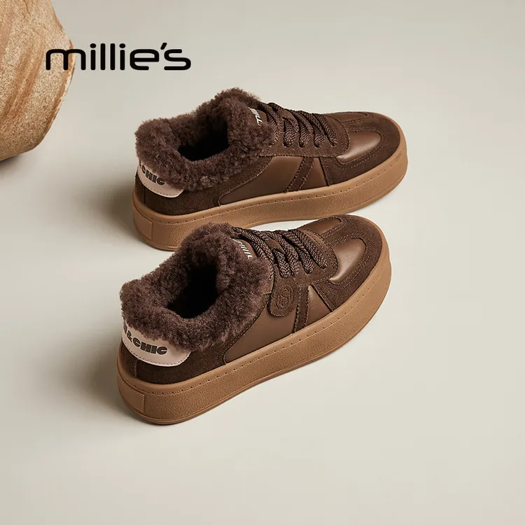 millies妙丽德训鞋女冬季加绒2025新款真皮复古运动板鞋保暖棉鞋