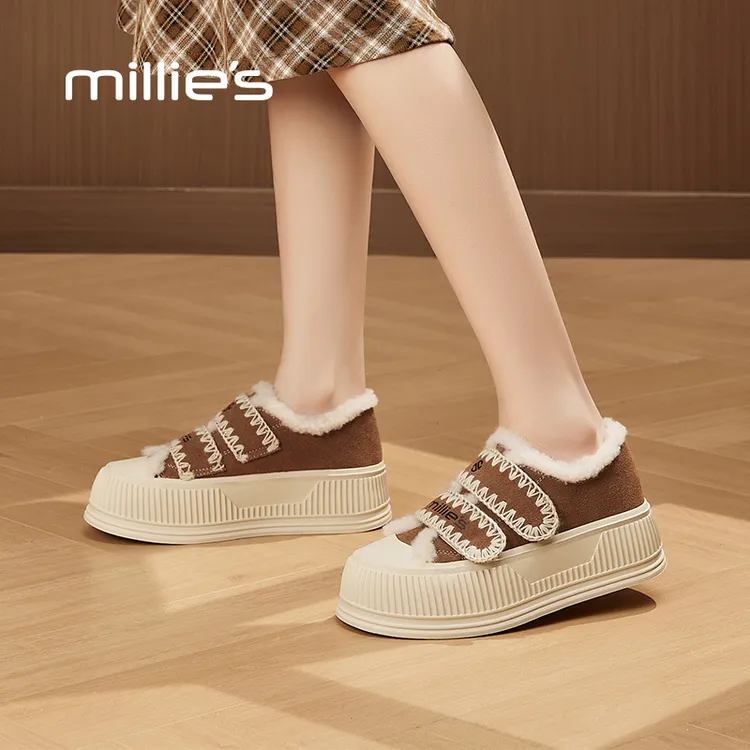 妙丽牛皮棉鞋女鞋2025新款冬天鞋子冬季加绒毛毛鞋加厚板鞋雪地靴